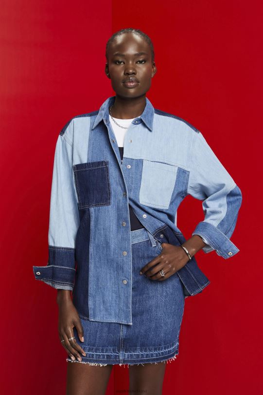Frauen Esprit blaue helle Waschung Patchwork-Jeanshemd, Baumwollmischung Hemden 0BN00257