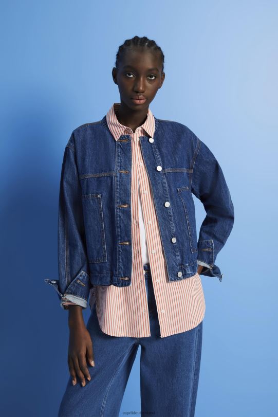 Frauen Esprit blaue dunkle Waschung Kragenlose Jeansjacke mit Kordelzug Jacken 0BN00298