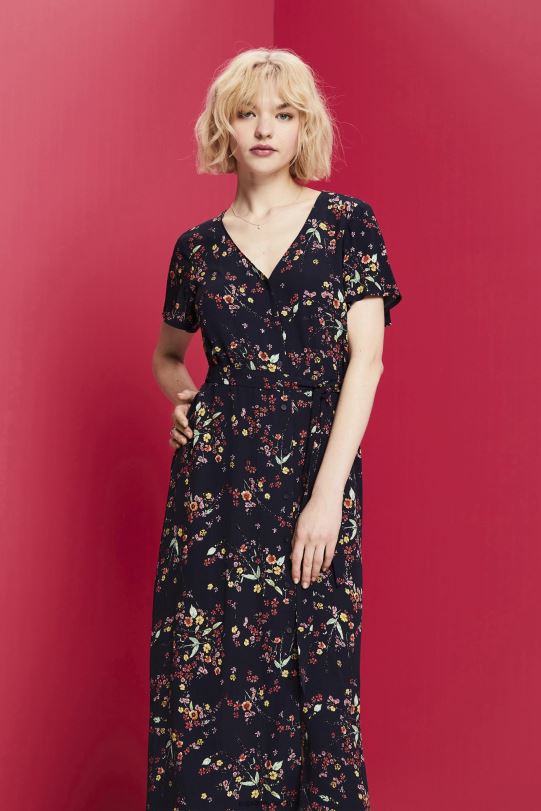 Frauen Esprit Dunkelblau Bedrucktes Midikleid mit Bindegürtel Kleider 0BN00189