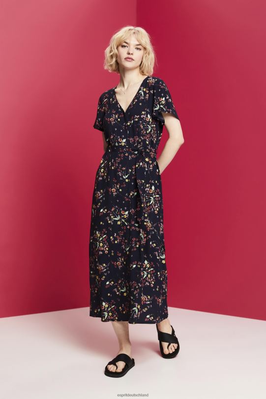 Frauen Esprit Dunkelblau Bedrucktes Midikleid mit Bindegürtel Kleider 0BN00189