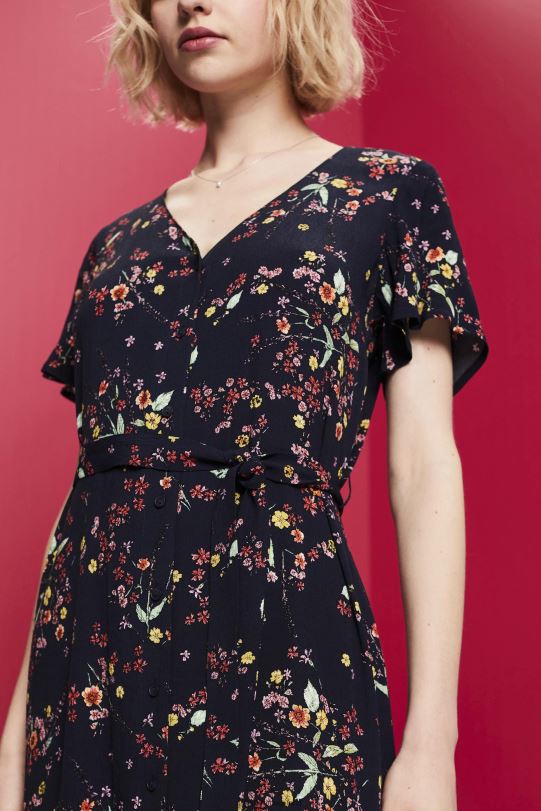 Frauen Esprit Dunkelblau Bedrucktes Midikleid mit Bindegürtel Kleider 0BN00189