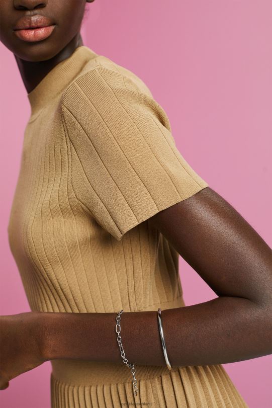 Frauen Esprit Khaki-Beige Plissee-Midikleid mit Stehkragen und kurzen Ärmeln Kleider 0BN00119