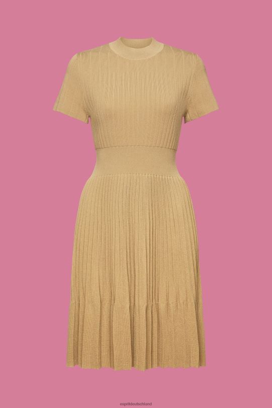Frauen Esprit Khaki-Beige Plissee-Midikleid mit Stehkragen und kurzen Ärmeln Kleider 0BN00119