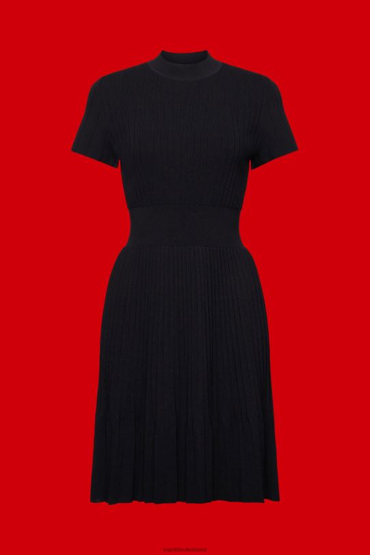 Frauen Esprit Schwarz Plissee-Midikleid mit Stehkragen und kurzen Ärmeln Kleider 0BN00120