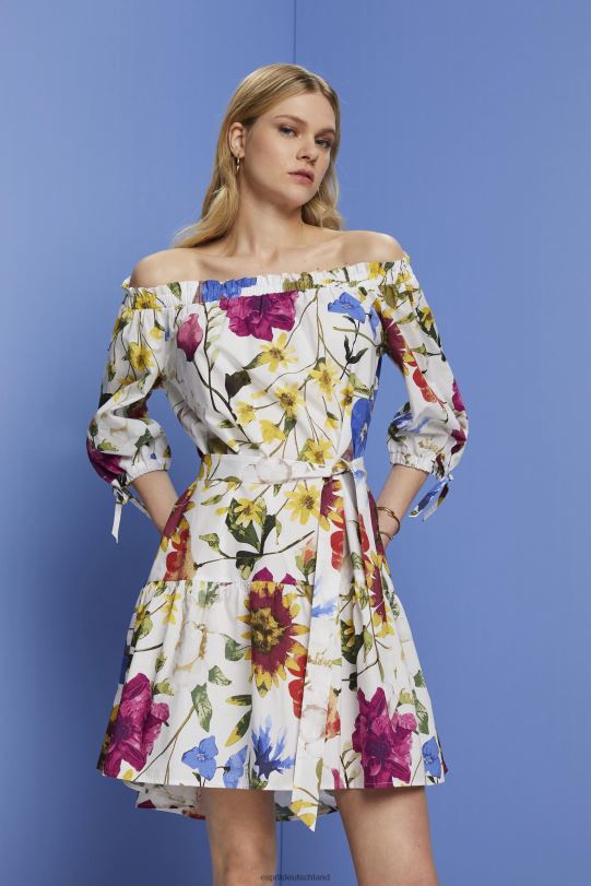 Frauen Esprit Weiß Gemustertes schulterfreies Popeline-Minikleid Kleider 0BN00178